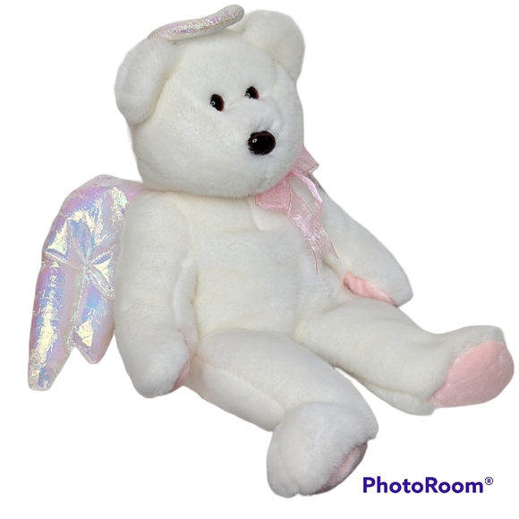 Halo Angel Bear Ty Beanie Buddies White Plush Brown Nose Iridesent Wings Clean - Picture 7 of 12